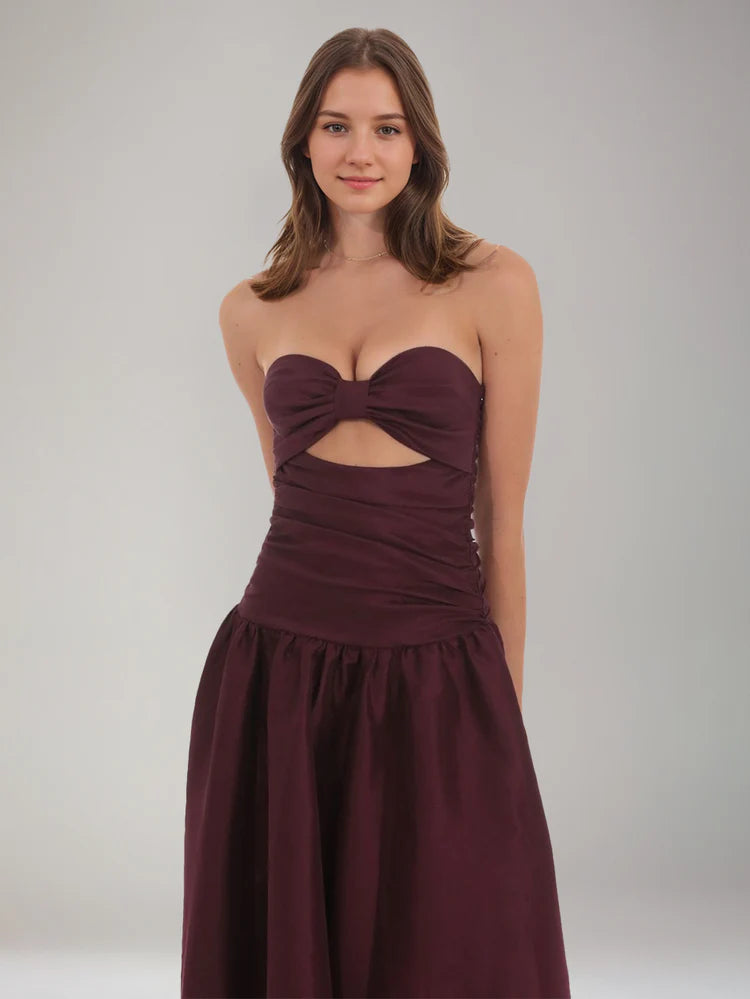 Romantic Burgundy A-Line Strapless Sleeveless Satin Bow Cutout Formal Prom Dress