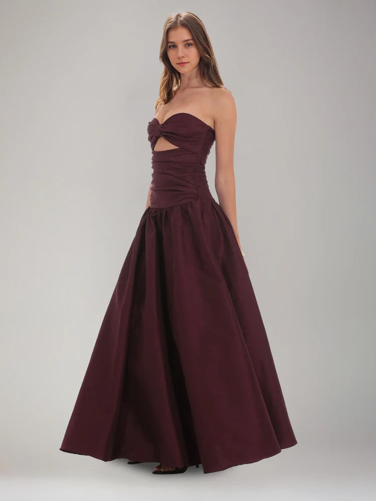 Romantic Burgundy A-Line Strapless Sleeveless Satin Bow Cutout Formal Prom Dress