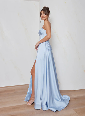 Vestido de Noche Formal Maxi de Satén con Corsé sin Tirantes y Corte en A Elegante