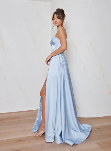 Elegant A-Line Strapless Corset Satin Maxi Gown Formal Evening Dress