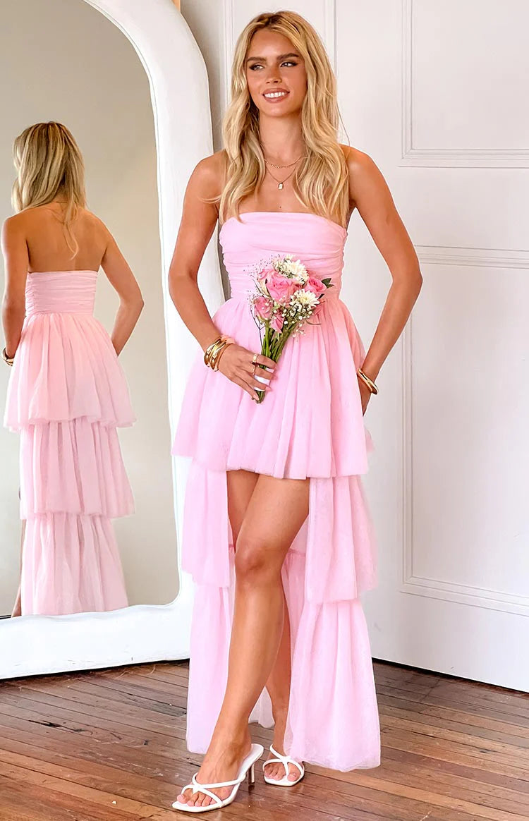 Vestido de fiesta maxi de tul escalonado asimétrico sin tirantes con corte en A