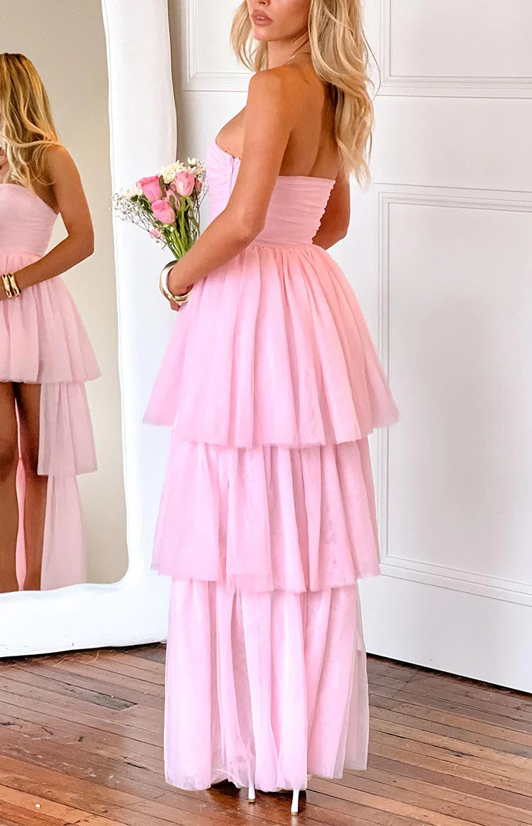 Vestido de fiesta maxi de tul escalonado asimétrico sin tirantes con corte en A