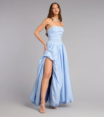 Vestido de fiesta formal con escote palabra de honor, silueta A, cordones, dobladillo de burbuja y abertura alta