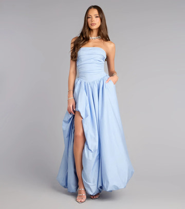 Vestido de fiesta formal con escote palabra de honor, silueta A, cordones, dobladillo de burbuja y abertura alta