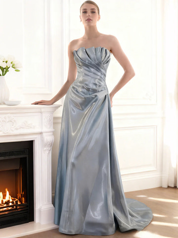 A-Line Satin Strapless Pleated Shimmer Floor Length Evening Dress With Pleats