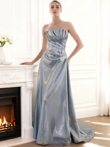 A-Line Satin Strapless Pleated Shimmer Floor Length Evening Dress With Pleats