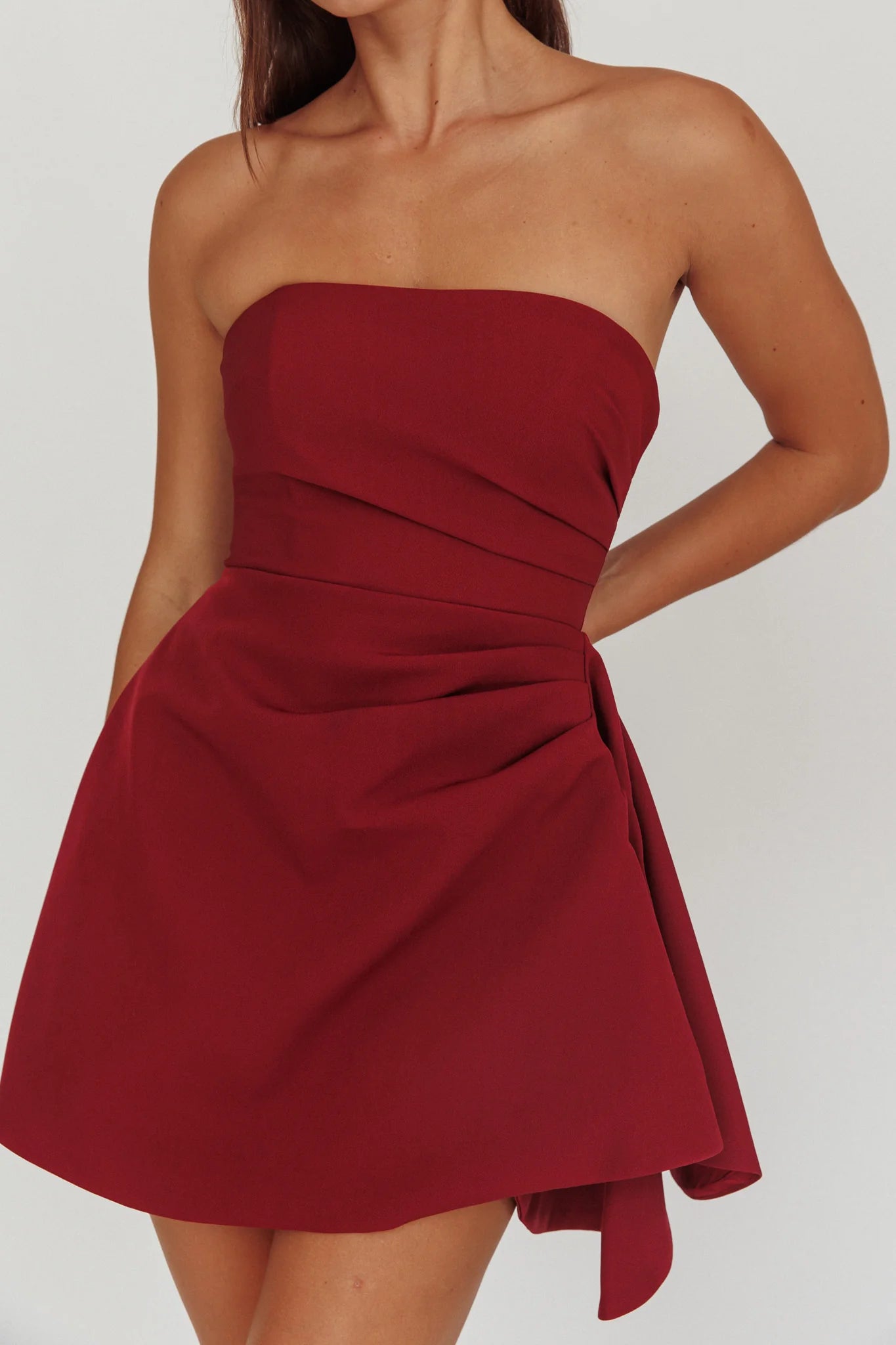 Strapless Ruched Waist Crepe Mini Dress With Asymmetric Hem