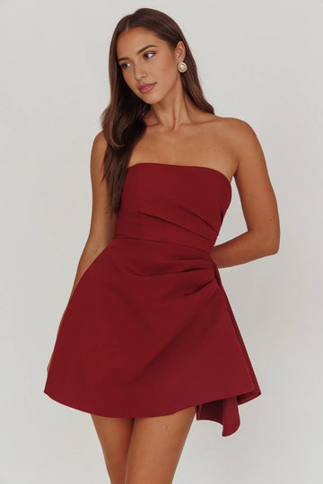 Strapless Ruched Waist Crepe Mini Dress With Asymmetric Hem