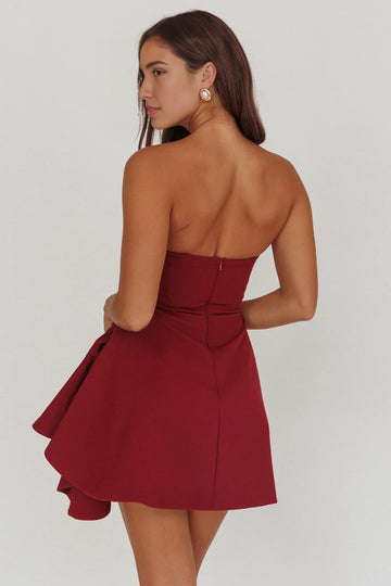 Strapless Ruched Waist Crepe Mini Dress With Asymmetric Hem