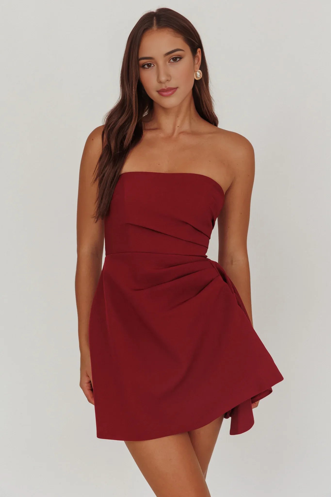 Strapless Ruched Waist Crepe Mini Dress With Asymmetric Hem