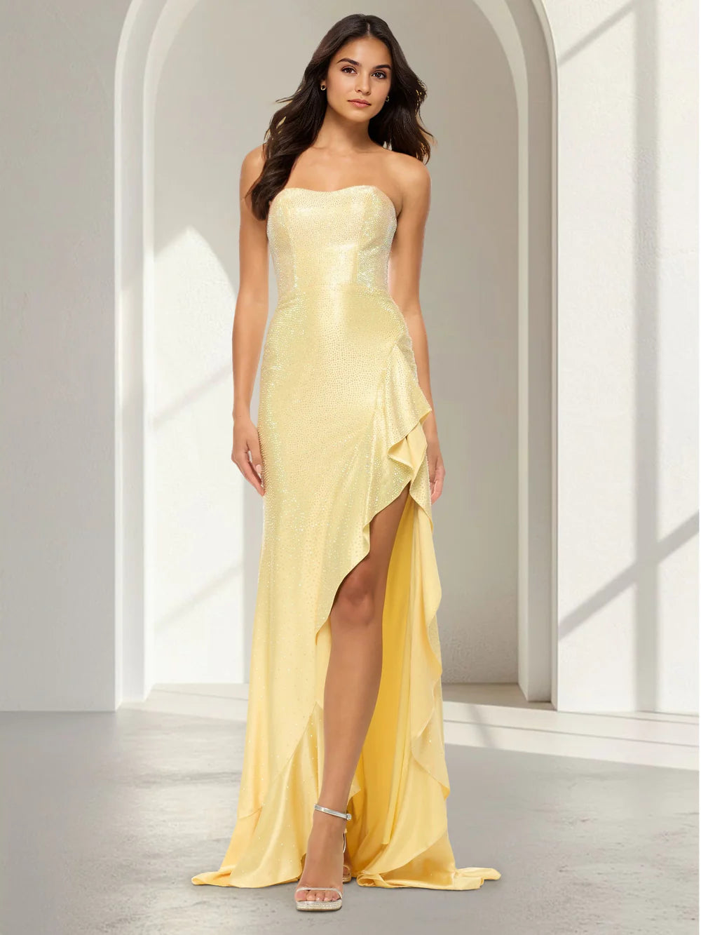 Mermaid Strapless Ruffle Maxi Gown Glitter Satin Wedding Guest Dresses With Side Split