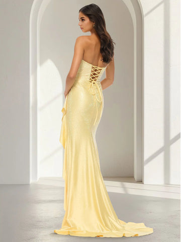 Mermaid Strapless Ruffle Maxi Gown Glitter Satin Wedding Guest Dresses With Side Split
