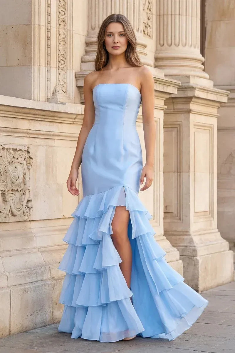 Vestido de fiesta glamuroso de sirena sin tirantes con volantes, abertura y cordones hasta el suelo