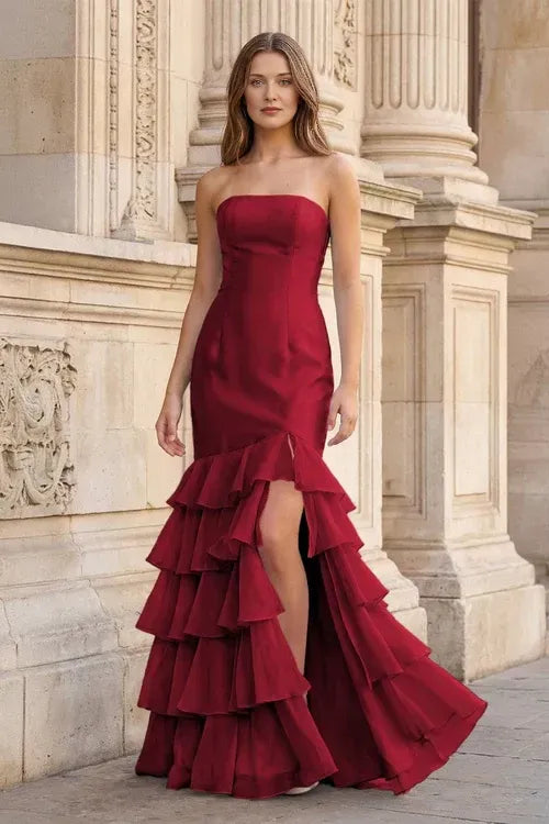 Vestido de fiesta glamuroso de sirena sin tirantes con volantes, abertura y cordones hasta el suelo