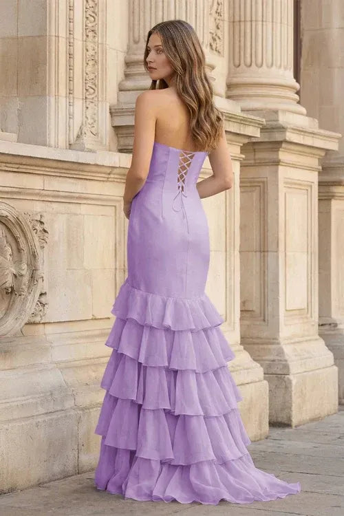 Vestido de fiesta glamuroso de sirena sin tirantes con volantes, abertura y cordones hasta el suelo
