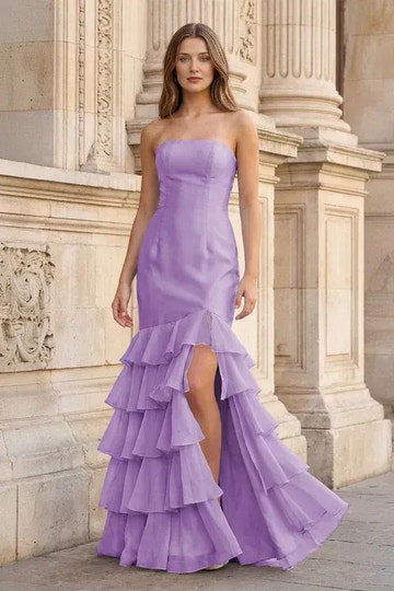 Vestido de fiesta glamuroso de sirena sin tirantes con volantes, abertura y cordones hasta el suelo