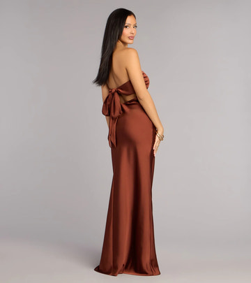 Elegant Sheath Strapless Tie-Back Satin Maxi Gown Formal Evening Dress