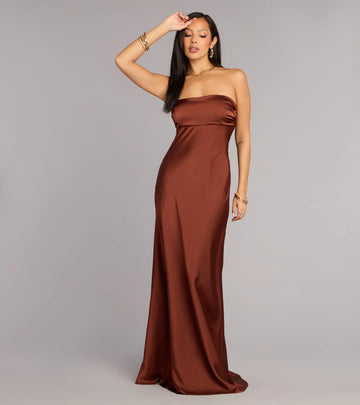 Elegant Sheath Strapless Tie-Back Satin Maxi Gown Formal Evening Dress