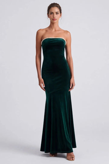 Vedress emerald green velvet mermaid evening dress with a pearl-trimmed strapless neckline and softly flared ankle-length skirt.