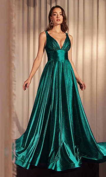 Stunning A-line Plunging-V Sleeveless Shimmer Floor-length Pleated-bodice V-back Prom Dress