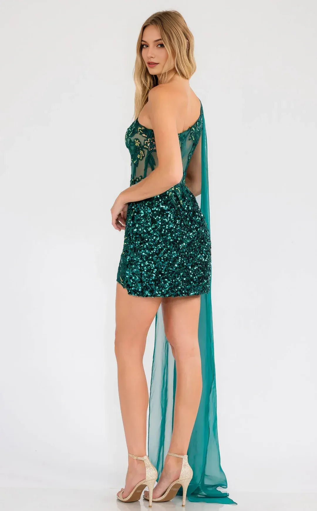 Stunning Bodycon One-shoulder Sleeveless Sequined Mini Chiffon-streamer Embellished Party Dress
