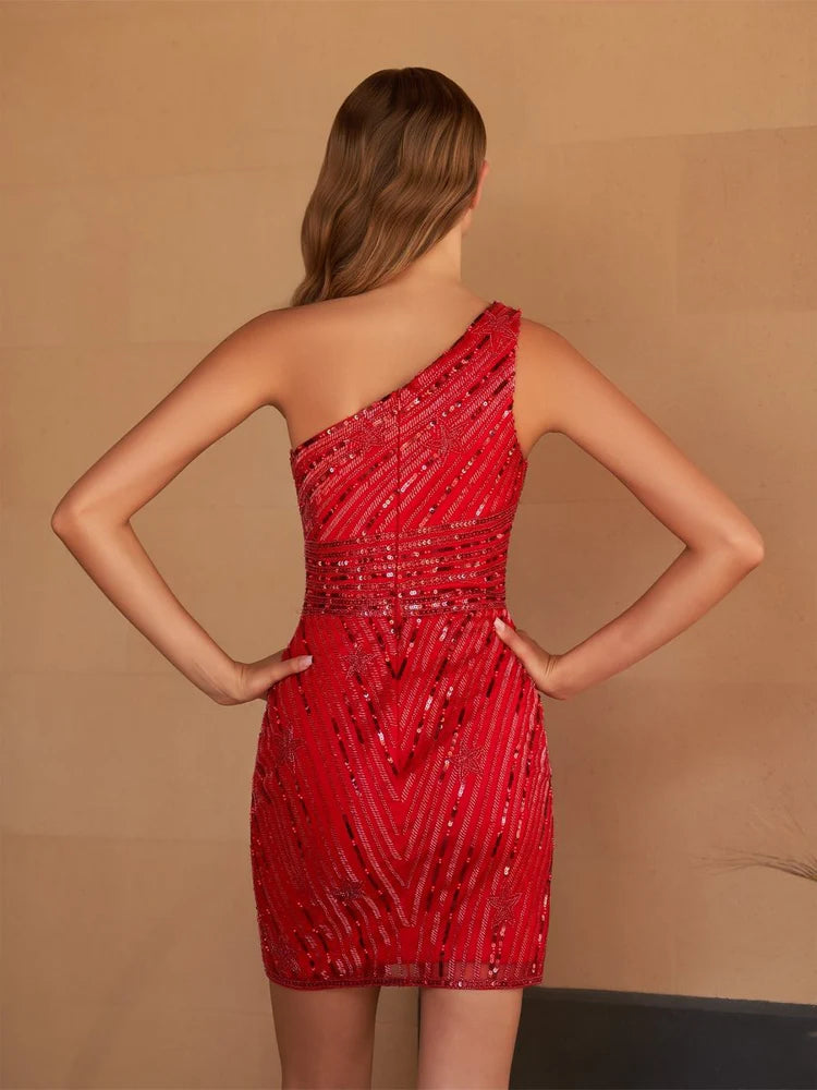 Impresionante Vestido Corto de Fiesta de Estrellas de Lentejuelas Ajustado con Un Solo Hombro