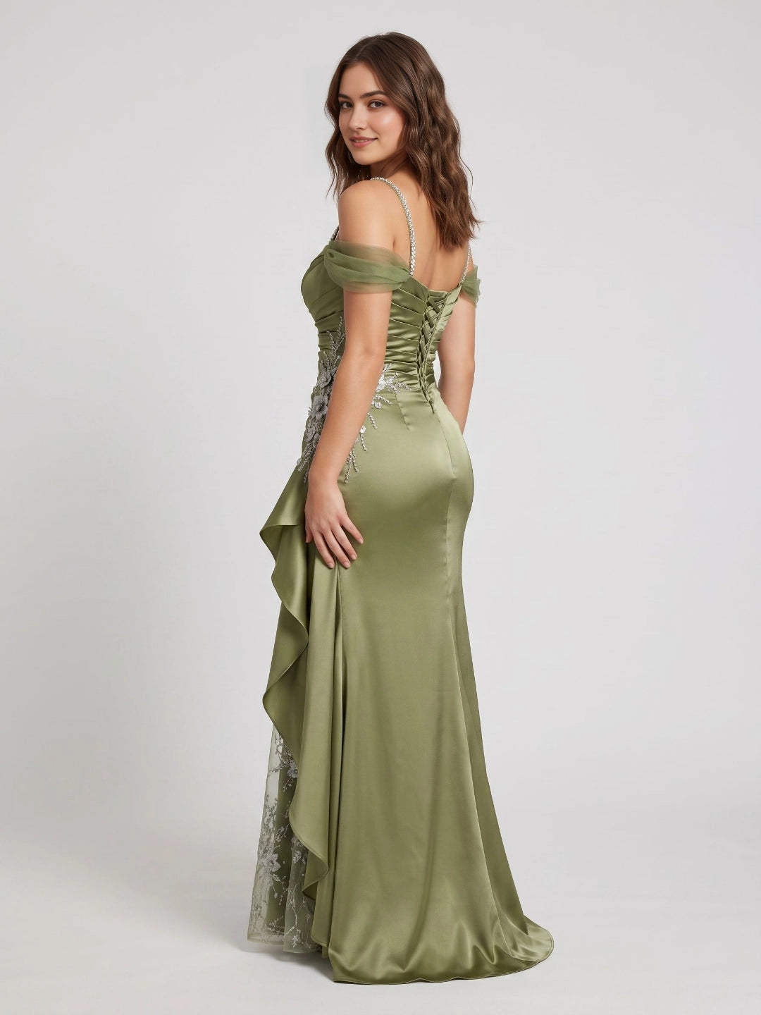 Back view of Vedress long formal prom dress, corset lace‑up back beaded evening gown