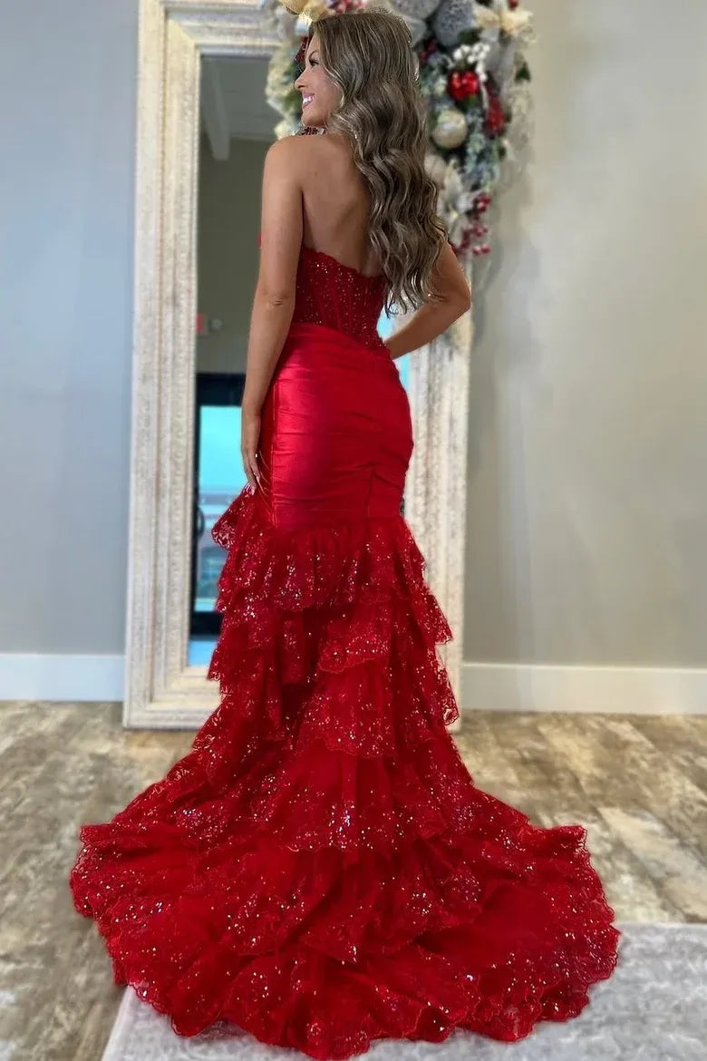 Stunning Red Satin Strapless Sequin Tiered Mermaid Prom Gown