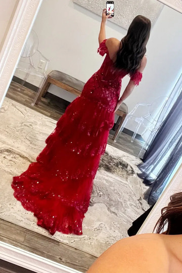 Stunning Red Sequin Off Shoulder Mermaid Tiered Prom Gown