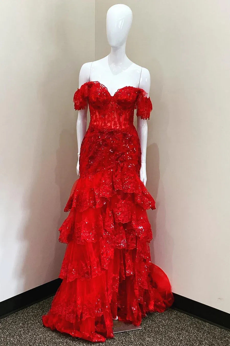 Stunning Red Sequin Off Shoulder Mermaid Tiered Prom Gown