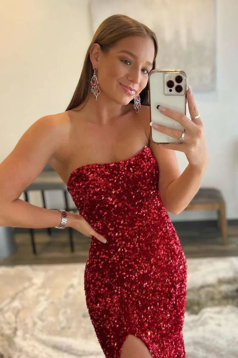 Impresionante Vestido de Fiesta Sirena Rojo de Lentejuelas sin Tirantes y sin Espalda con Abertura Alta