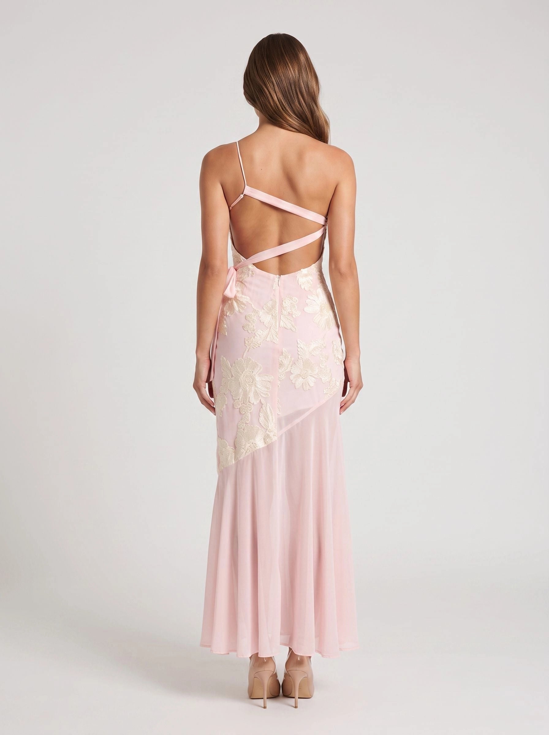 Blush pink mermaid wedding guest dress one‑shoulder sleeveless gold floral applique crisscross open back chiffon formal gown by Vedress