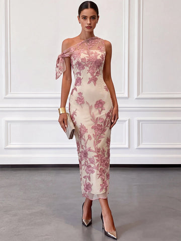 Vedress off‑white mesh midi prom dress,one‑shoulder bow strap,pink glitter floral appliques mermaid gown