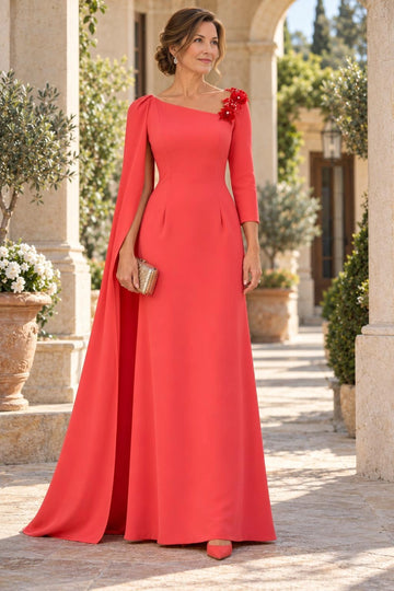 Sunset A-line mother of the bride dress featuring asymmetrical neckline, three-quarter sleeve, 3D floral shoulder appliqués and flowing floor-length cape, front view.