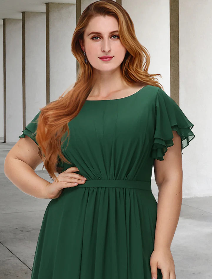 Vestido maxi de dama de honor de chifón con cuello en V, manga con volantes y fruncido, talla grande