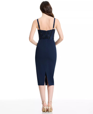 Sheath Sweetheart Sleeveless Lace Crepe Cocktail Dress Midi Wedding Guest Dress with Beaded