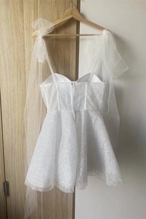 A-line Princess Flare Sweetheart Glitter Tulle Short Bow Homecoming Dress