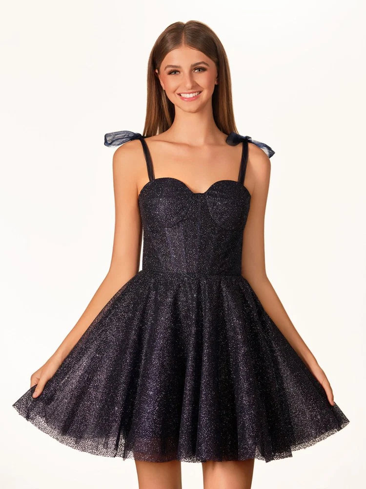 A-line Princess Flare Sweetheart Glitter Tulle Short Bow Homecoming Dress