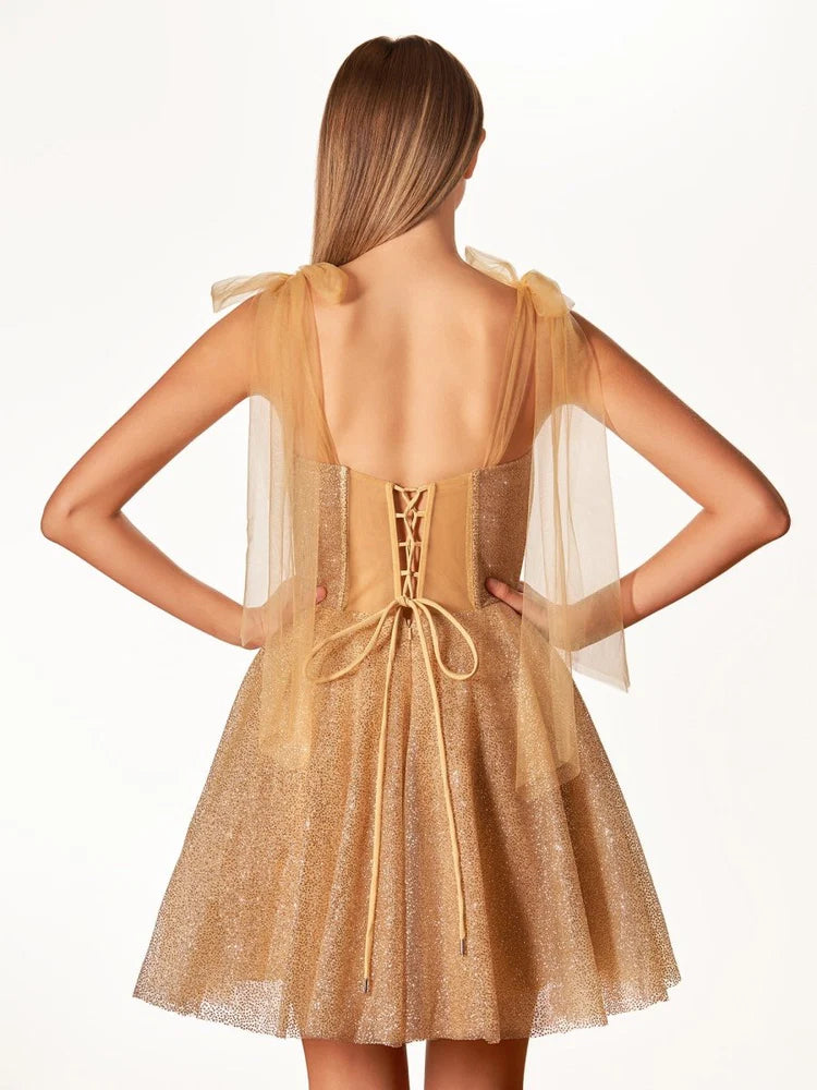 A-line Princess Flare Sweetheart Glitter Tulle Short Bow Homecoming Dress