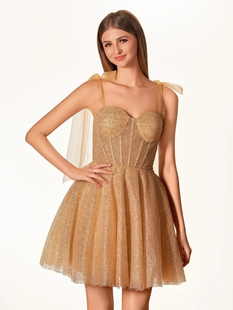 A-line Princess Flare Sweetheart Glitter Tulle Short Bow Homecoming Dress