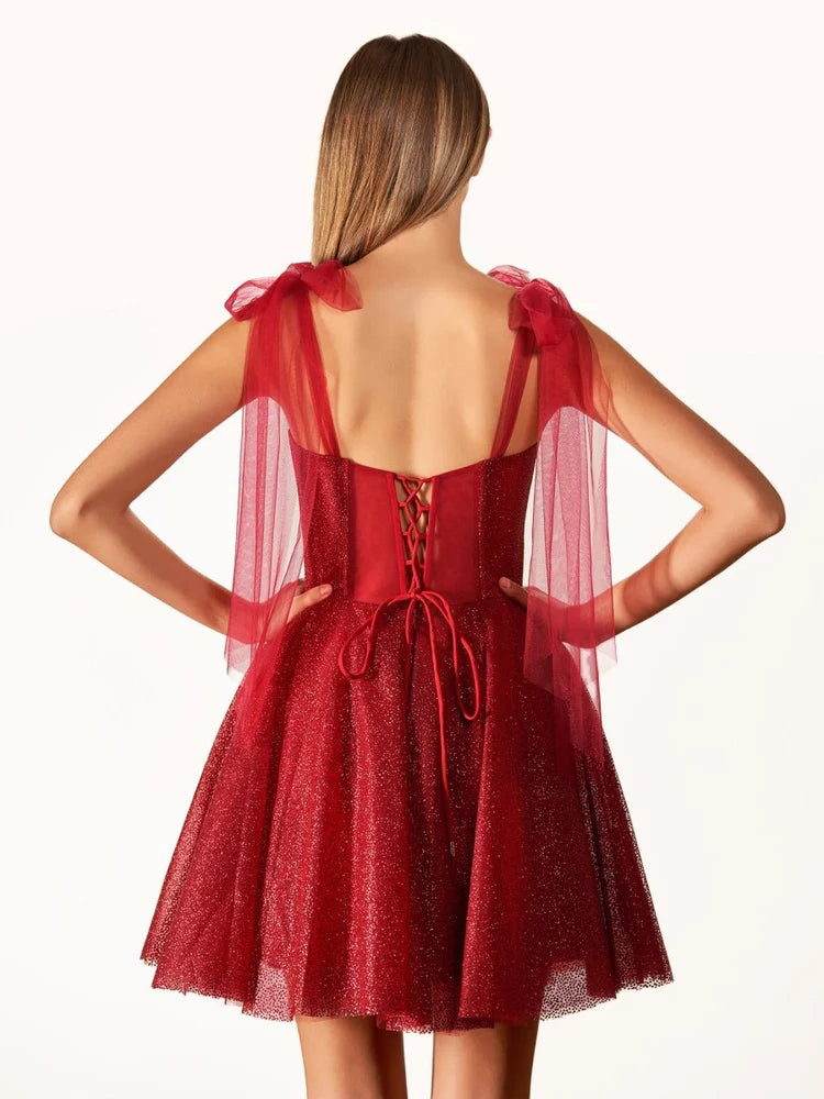 A-line Princess Flare Sweetheart Glitter Tulle Short Bow Homecoming Dress
