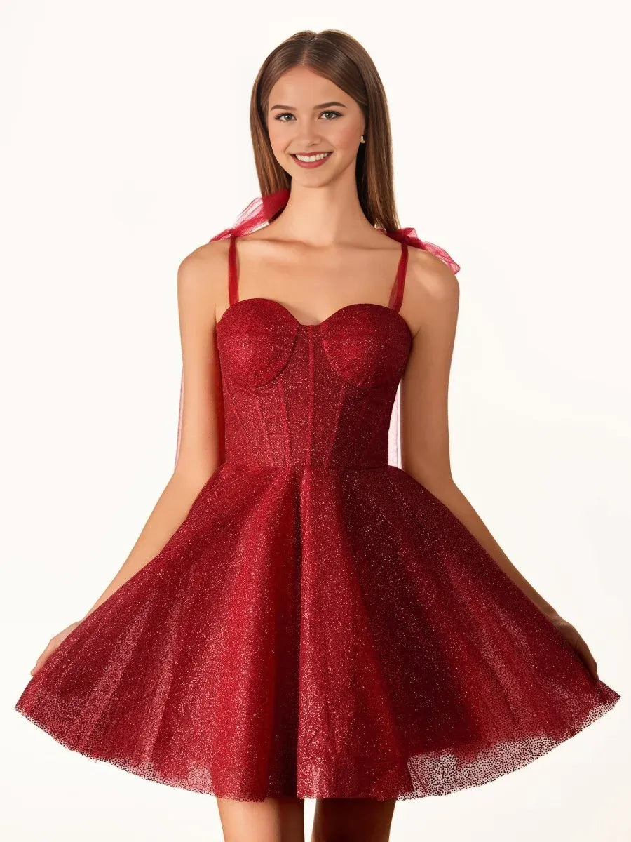 A-Line Sweetheart Neck Bow Corset Glitter Homecoming Dress
