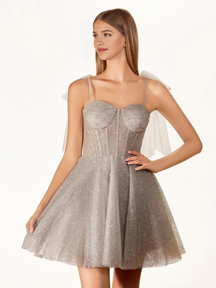 A-Line Sweetheart Neck Bow Corset Glitter Homecoming Dress