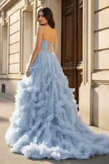 Dreamy A-Line Sweetheart Neck Strapless Ruffle Floor Length Corset Gown Tulle Prom Dress