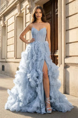 Dreamy A-Line Sweetheart Neck Strapless Ruffle Floor Length Corset Gown Tulle Prom Dress