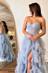 Dreamy A-Line Sweetheart Neck Strapless Ruffle Floor Length Corset Gown Tulle Prom Dress