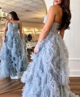 Dreamy A-Line Sweetheart Neck Strapless Ruffle Floor Length Corset Gown Tulle Prom Dress