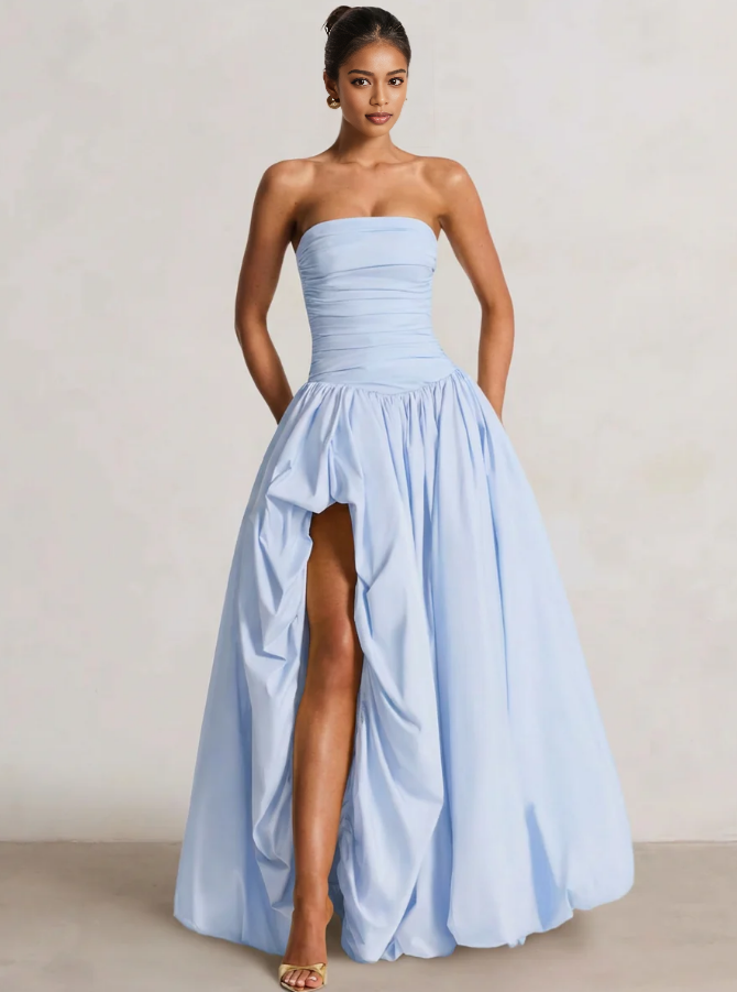 A-Line Ball Gown Strapless Ruched Side Split With Pleats&Back Lace-Up Wedding Guest Dresses
