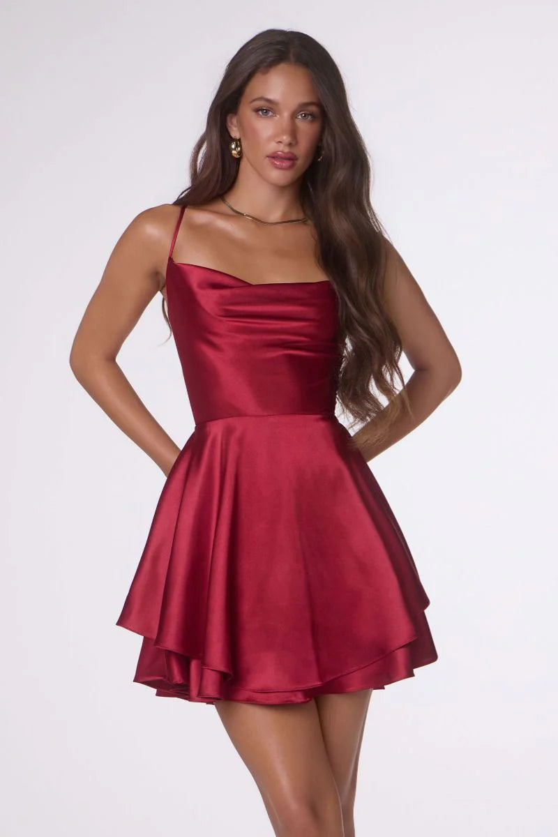 Satin Spaghetti Strap Draped Neckline Sleeveless Structured Bodice Tiered Flare Mini Homecoming Dress