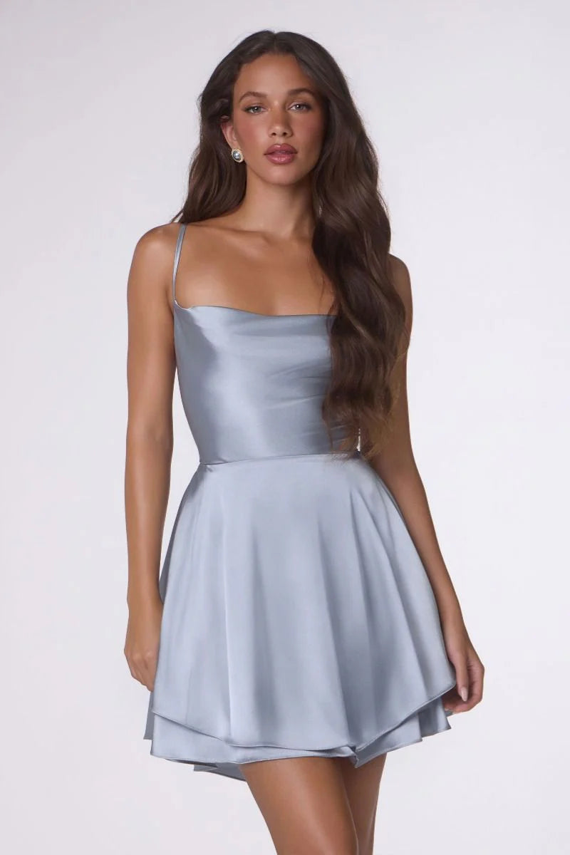 Satin Spaghetti Strap Draped Neckline Sleeveless Structured Bodice Tiered Flare Mini Homecoming Dress